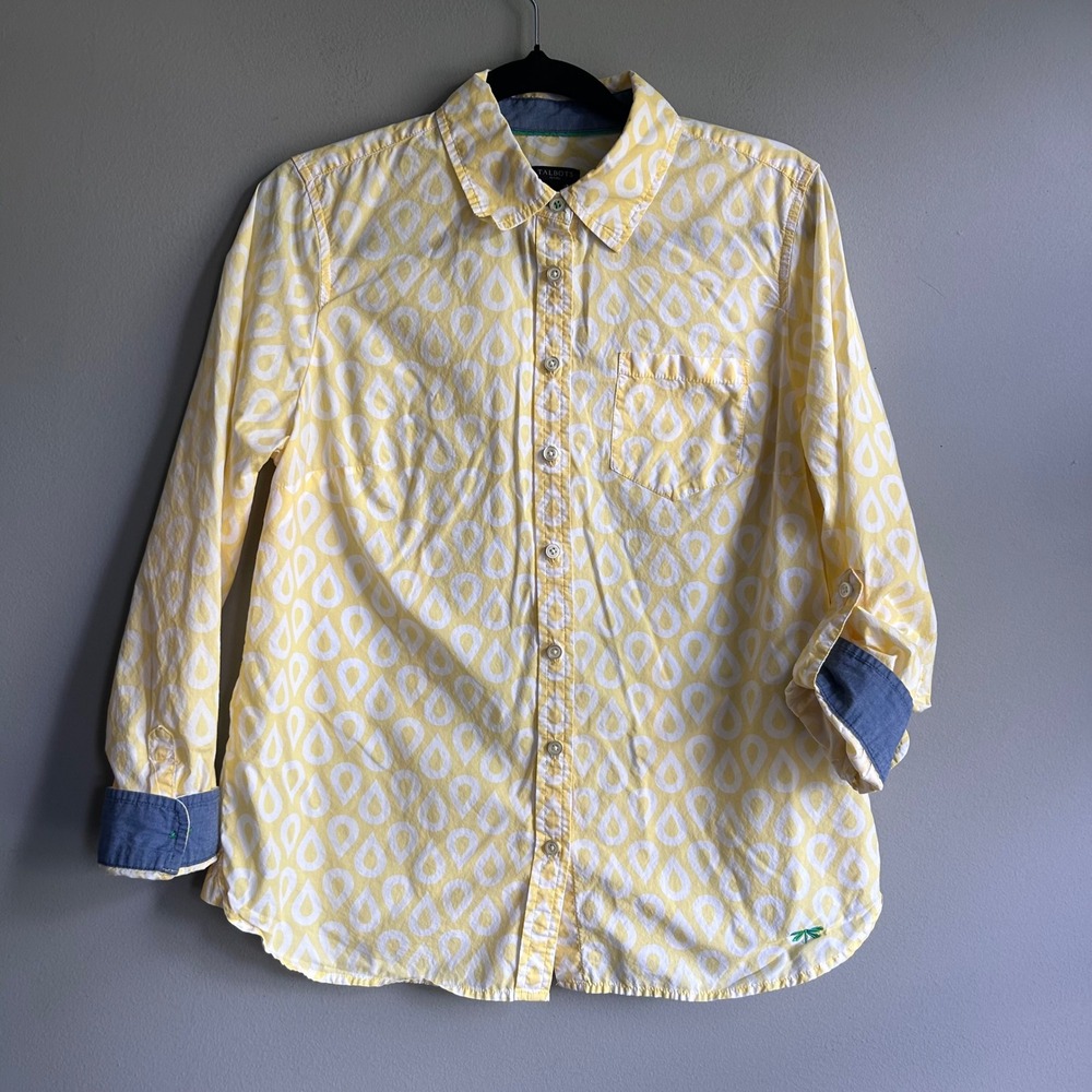 Talbots Petites Yellow White Teardrop Cotton Button‎ Down Roll Tab Shirt 8P